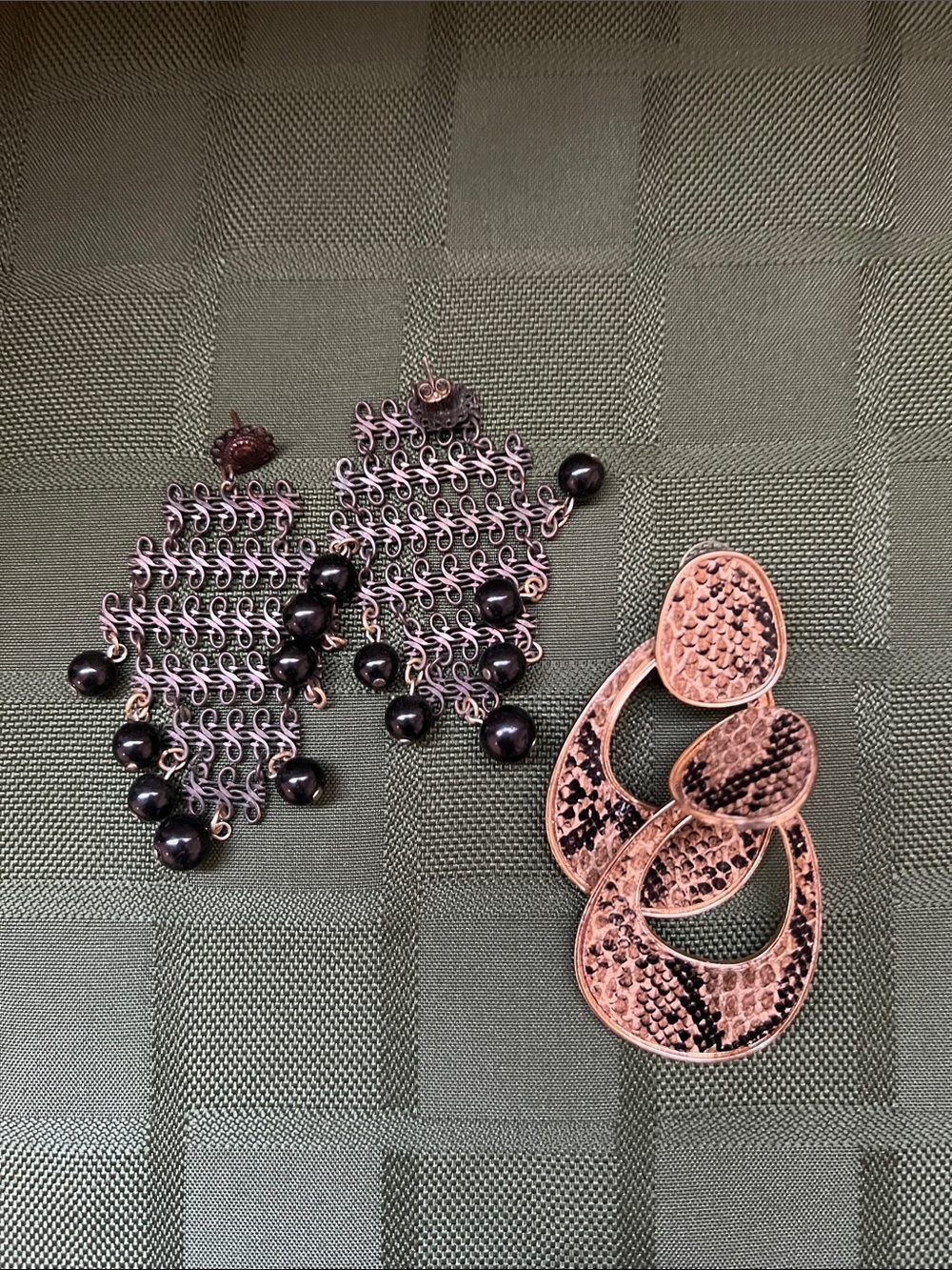 2 pairs Vintage Black Beaded Chainmaille Earrings and faux Snake skin earrings